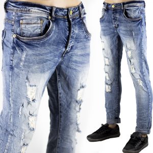 Dettagli su Pantaloni Slim Fit Jeans Morbido Strappi Gambe Elasticizzati Sfumato Blu Chiaro