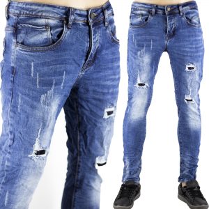 Pantaloni Slim Elastici Jeans Uomo Strappi Gambe Toppe Sfilacciato Blu Chiaro