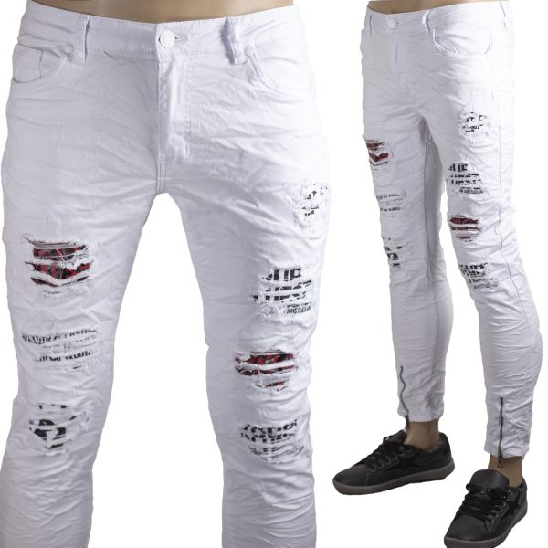 Jeans Bianco Slim Pantaloni Uomo Skinny Strappi Elastici Aderenti Stretch Bikers