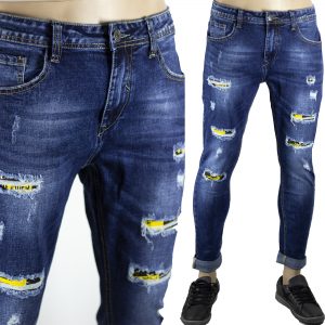 Pantaloni Slim Fit Aderenti Elastici Uomo Strappati Jeans Toppe Sfilacciato Blu