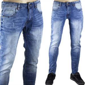 Pantaloni Elastici Morbidi Uomo Jeans Blu Chiaro Denim Slim Fit Segni Aderenti
