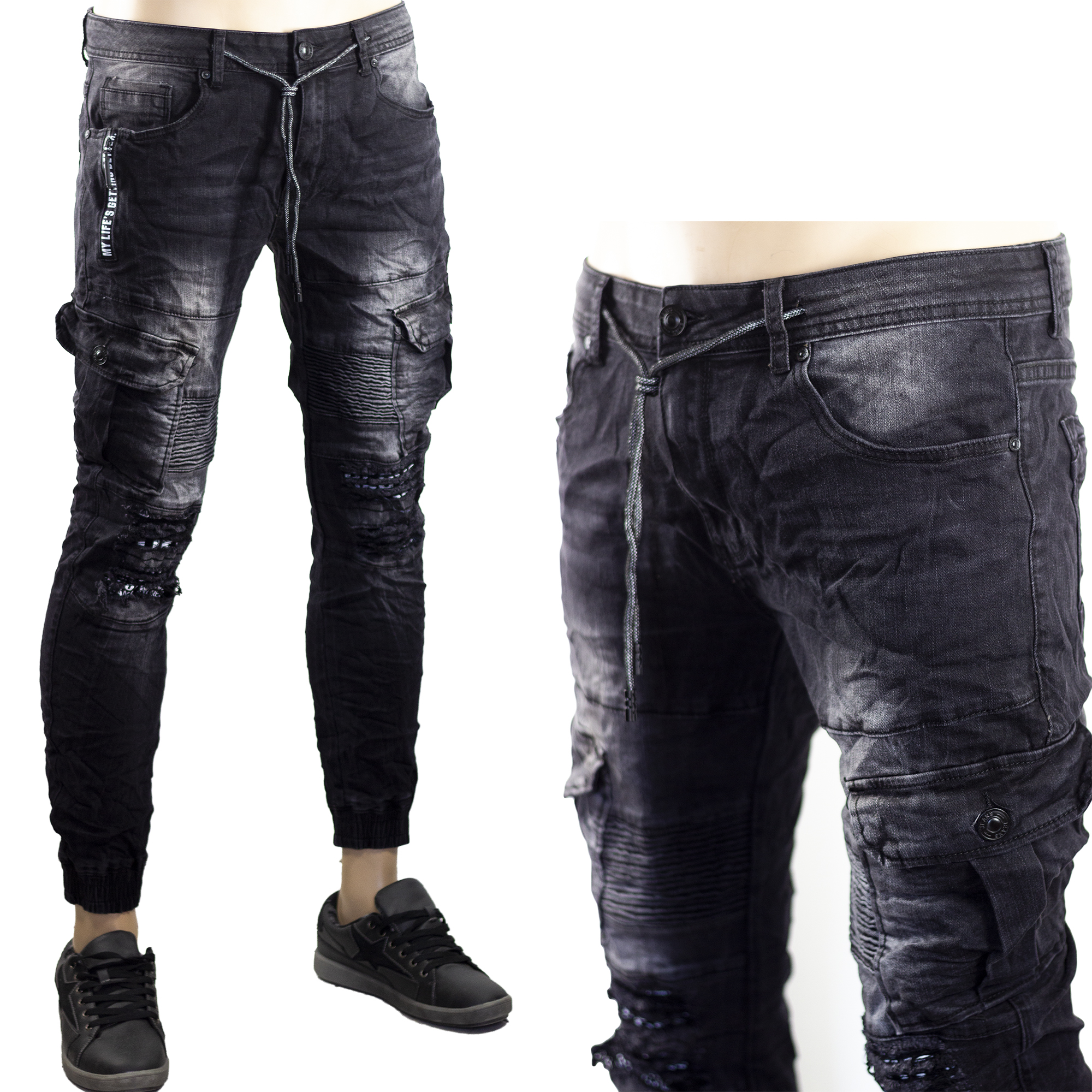 Jeans uomo strappati nero foderati Design slim pantaloni elasticizzati T530 